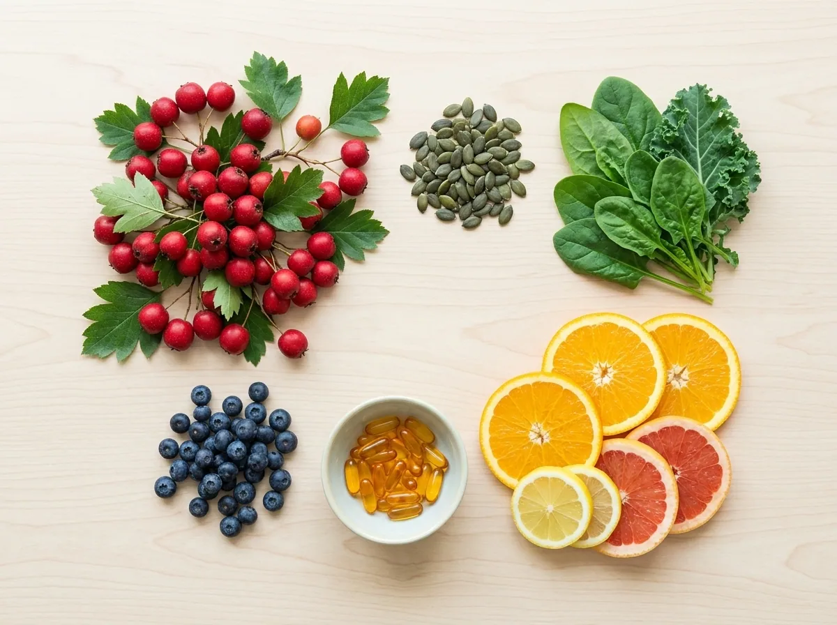 Hawthorn, leafy greens, citrus and CoQ10 capsules - cardiovascular support food supplement ingredients