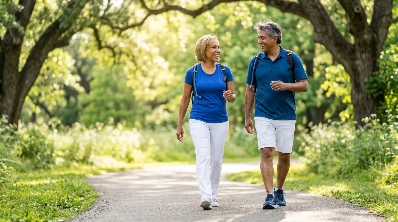 Active couple walking in a park, supporting cardiovascular wellness after 50
