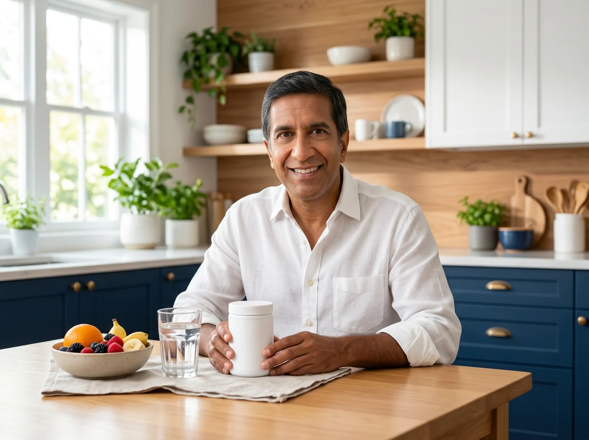 A man at a bright kitchen table with the CardioX cardiovascular support food supplement, a glass of water and fresh fruit
